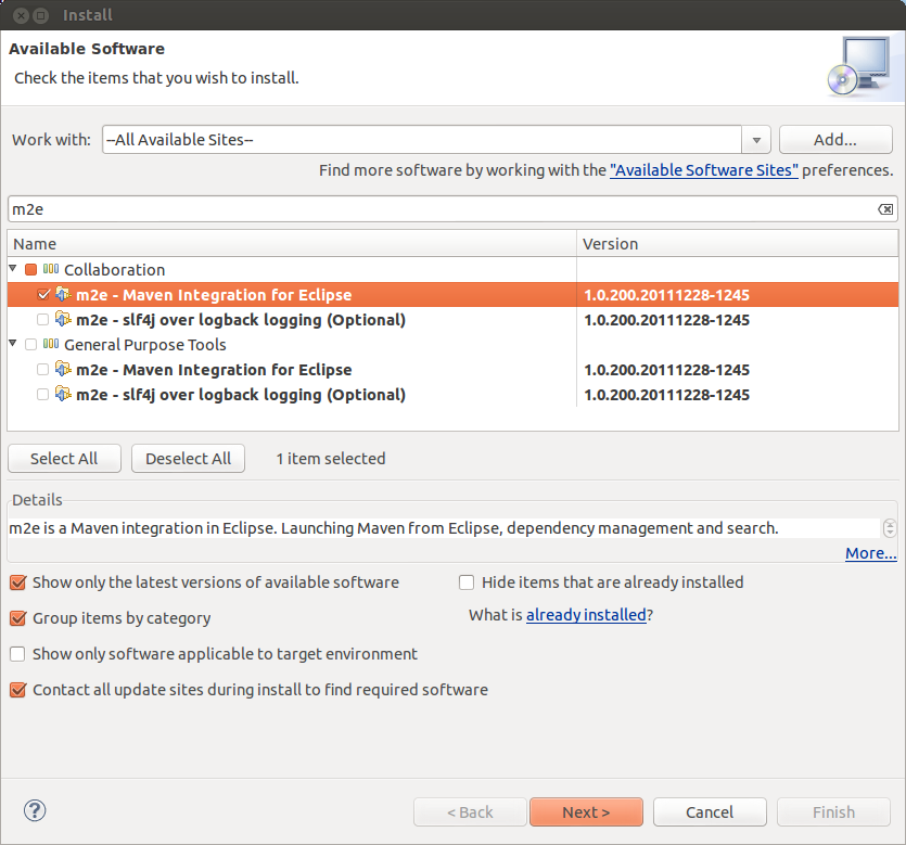 Screenshot of Install New Software dialog after selecting m2e for
install.